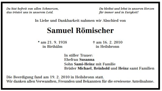 Roemischer Samuel 1938-2010 Todesanzeige